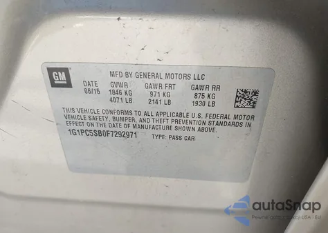 2015 Chevrolet Cruze 1Lt Auto из США, поврежденный, VIN 1G1PC5SB0F7292971